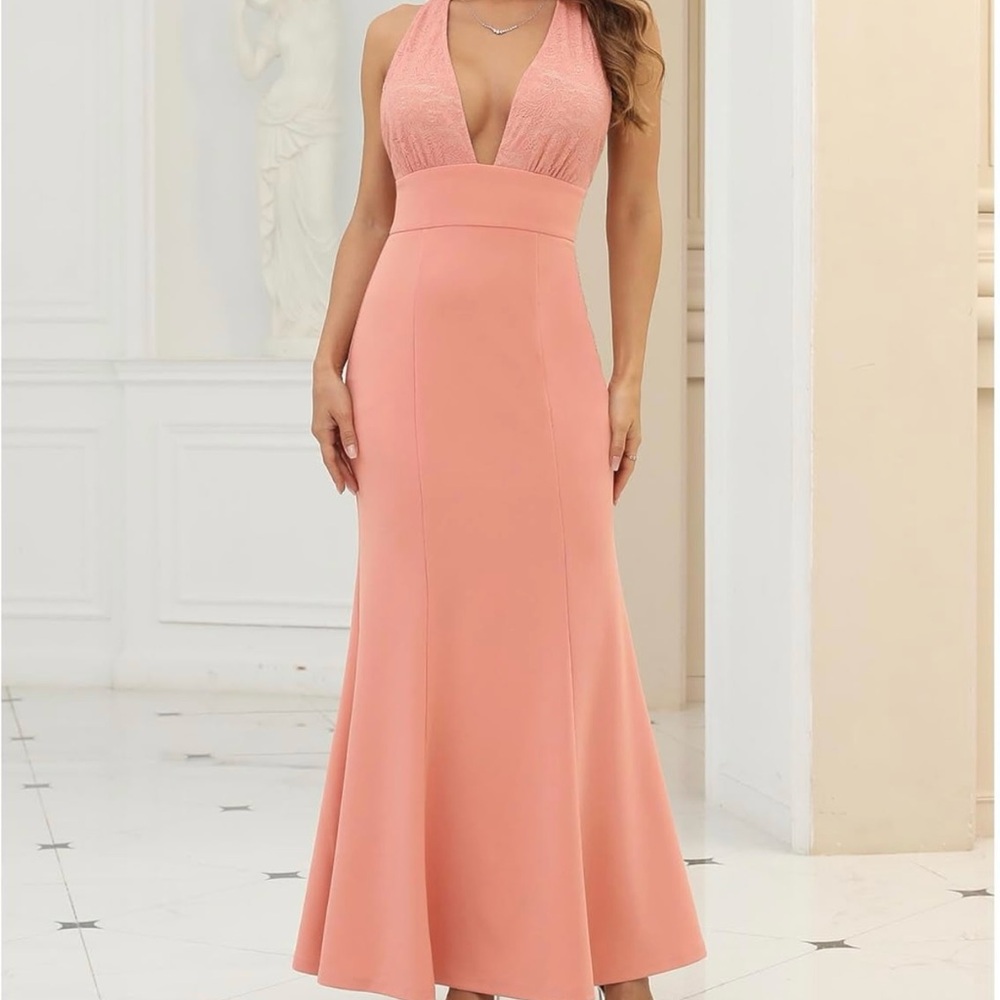 Elegant Peach Halter Maxi Dress